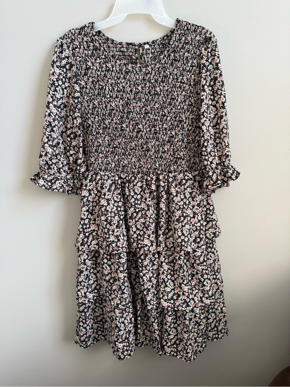 Smocked Floral Tiered Mini Dress in Black and Pink